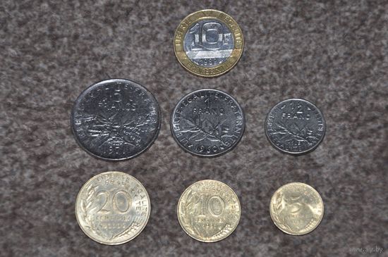 Франция. Набор из 7 монет (10, 5, 1, 1/2 франков, 20, 10, 5 сантимов)