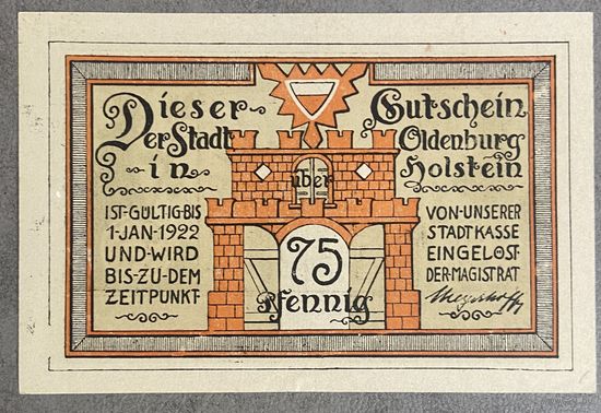 Нотгельд 75 пфеннигов 1922 год Ольденбург. Веймарская республика.