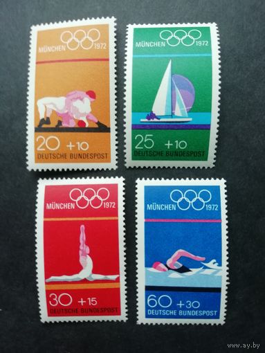 ФРГ 1972 Серия из четырех марок из блока Mi.8 "XX летние Олимпийские игры в Мюнхене 6-й выпуск" (чистые**) Мi.719-722 каталог 4.00 евро