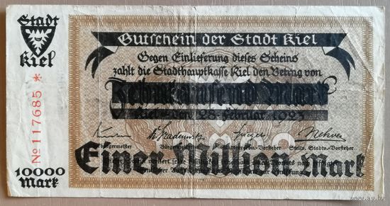 Германия 10000 марок 1923 год, гор. Киль, 2295.4b, ВЗ овалы, надпечатка 1 миллион