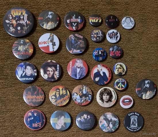 KISS, AC DC, NIRVANA, Motorhead, Guns n Roses, etc. значки 30шт.