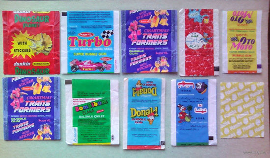 Обёртки (фантики) от жвачек (Turbo, Dinosaur planet, Donald, BomBibom ELMA, NUHA, OtoMoto Kavun, Mamba, Al-Fardos, Transformers трансформеры).