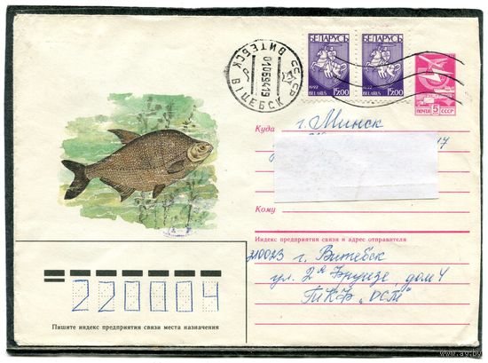 Беларусь. ХМК. Конверт п.п. Фауна. Рыбы, лещ. Штемпель Витебск 1994