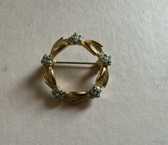 Брошь Венок Бирюзовые стразы Sphinx клеймо Англия 60-е