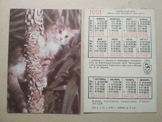 Карманный календарик. Котик. 1991 год