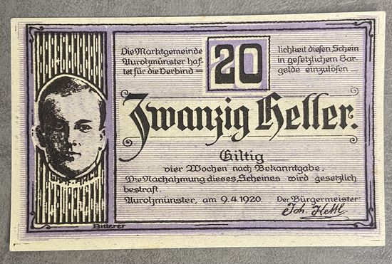 Геллеров Нотгельд Австрия Ауролцмюнстер, 20 геллеров 1920 год