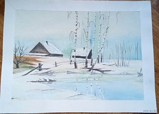 Картина зима деревенский пейзаж акварель искусство