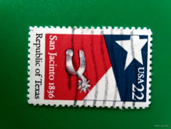 Марки США. Флаг штата Техас и серебряная шпора. Сражение у Сан-Хасинто. Юбилей.