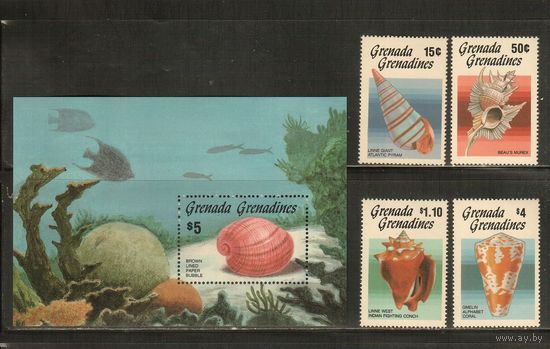 Гренада-Гренадины-1985(Мих.777-780,БЛ.112) , **  , Морская  Фауна,  Раковины, Крабы(полная серия)