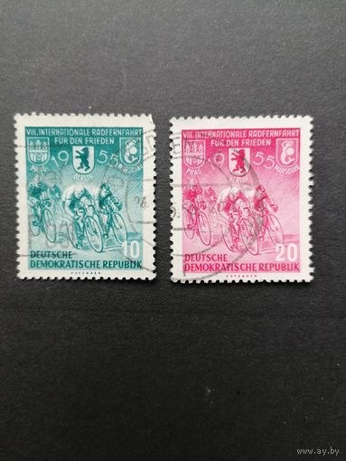 ГДР 1955 Серия марок "Международная велогонка "Дружбы" Прага-Берлин-Варшава" (гашение без клея) Mi.470-471 каталог 1.80 евро
