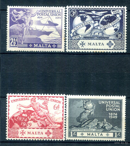 Британские колонии - Мальта - 1949г. - 75 лет Всемирному почтовому союзу - 4 марки - полная серия, MNH, 3 марки с жёлтыми пятнышками на зубчиках перфорации [Mi 216-219]. #2-Bc-52-A-1