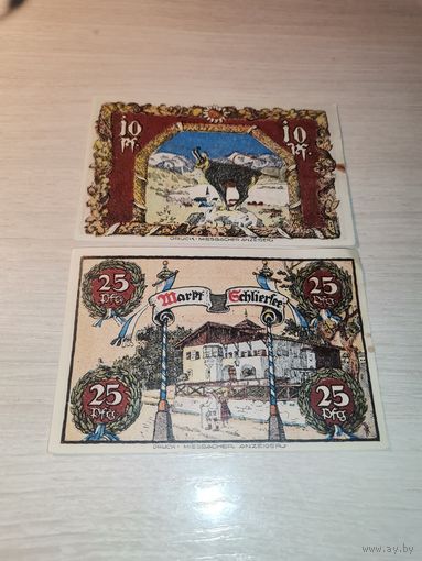 Нотгельды номиналом 10 и 25 пфеннингов 1921 года, муниципалитет Шлирзее, Германия.