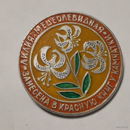 Значок: Лилия медеолевидная*Занесена в Красную книгу Камчатки. СССР.