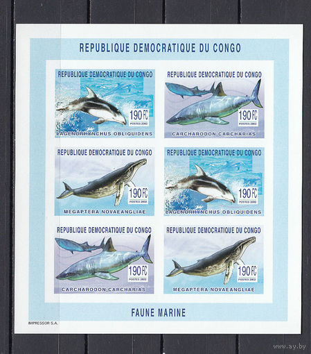 Фауна. Киты. Конго. 2003. Малый лист из 6-ти марок б/з. Michel N 1749-1761 (50,0 е)