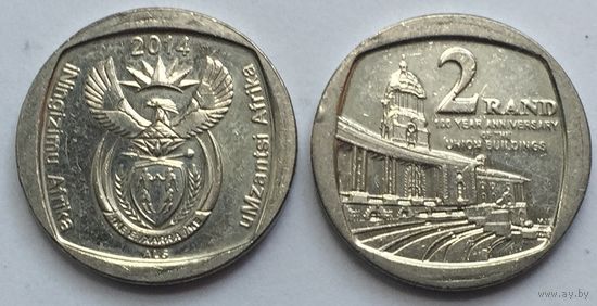 ЮАР /Южная Африка/, 2 ранда 2014, юбилейная "100 лет Зданию Союза". Название страны на языках коса и зулу: UMZANTSI AFRIKA - ININGIZIMU AFRIKA