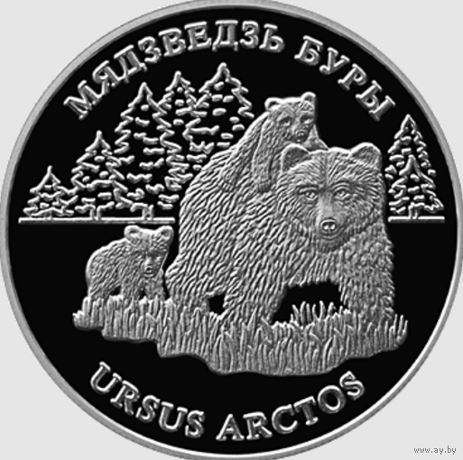 Беларусь 20 рублей 2002г. Бурый медведь Серебро 925 Proof! Тираж 5000!!! Сертификат