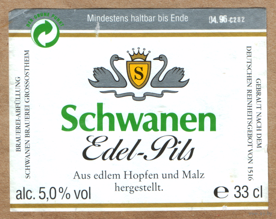 Этикетка пива Schwanen Германия Ф620