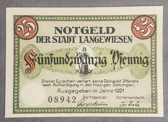 Нотгельд , 25 пфеннигов, Ланвеген 1921 год. Веймарская республика