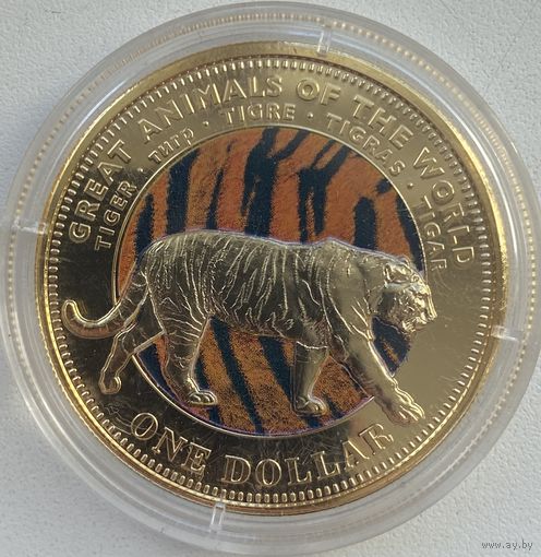 Фиджи 1 доллар 2009 г. Великие животные мира. Тигр. Позолота. Тираж 5000 шт.