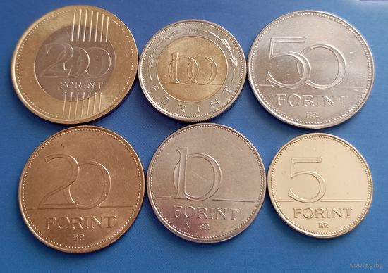 Венгрия. Набор 6 монет. 200 форинтов 2025, 100 форинтов 2025, 50 форинтов 2018 Год семьи, 20 форинтов 2019, 10 форинтов 2023, 5 форинтов 2024