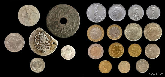 6 МОНЕТ ОСМАНСКОЙ ИМПЕРИИ С СЕРЕБРОМ (20 пара 1774 г., 2 куруша 1876 г. ягоды справа вверху от тугры ) + 15 МОНЕТ ТУРЦИИ