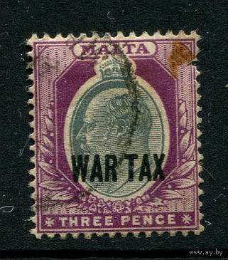 Британские колонии - Мальта - 1917/1918 - Король Эдуард VII 3P с надпечаткой WAR TAX - [Mi.54] - 1 марка. Гашеная.  (Лот 46AG)