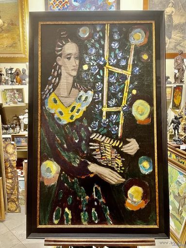 Кищенко А.М "Девушка с цветами", 1981г. Холст, масло. Размер 140х80 см.