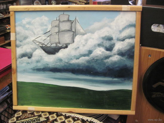 Шхуна в прибое маслом на ДВП в деревянной раме 45х38 см.