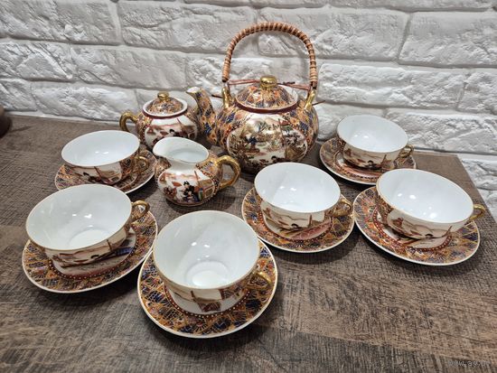 Винтажный японский чайный сервиз в стиле Сацума на 6 персон в коробке