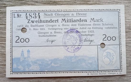 Werty71 Германия Веймар 200000000000 марок 1923 банкнота 200 миллиардов гроссгельд Гинген-ан-дер-Бренц город в Баден-Вюрт
