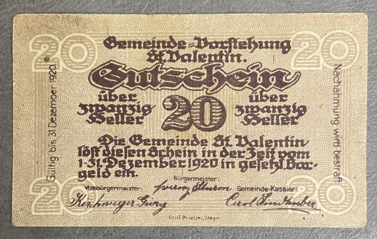 Нотгельды Австрия Святой Валентин 20 геллеров 1920 год.