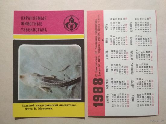 Карманный календарик. Охраняемые животные Узбекистана.1988 год