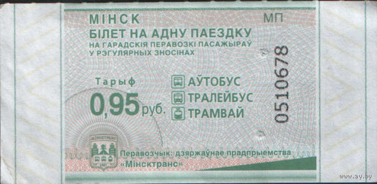 Билет - Талон б/у - Минск 0,95 к.  (зак. 261ц - 2025)