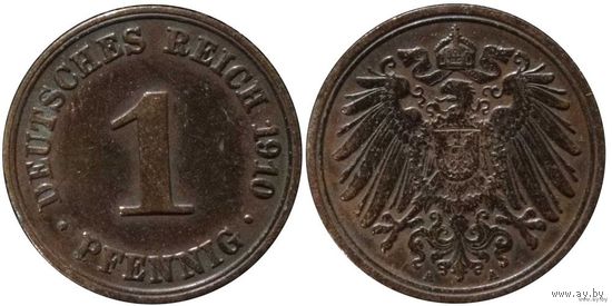 YS: Германия, Рейх, 1 пфенниг 1910A, KM# 10