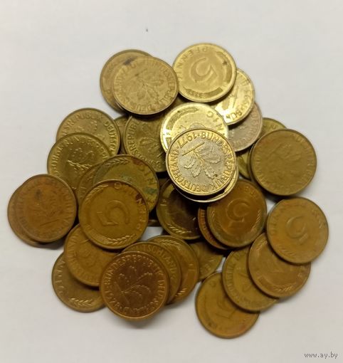 5 пфеннигов 1950 GD,1968 F,1969 DFJ,1970 DF,1971 F,1972 DJ,1974 D,1976 GDJF,1977 DF,1978 F,1979 D,1980 F,1981 F,1982 FD,1983 D,1990 J,1991 F,1992 D,1993 DF,1996 D года