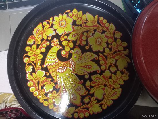 Поднос круглый металлический расписной Жар птица НПО Аврора Ленинград СССР новый