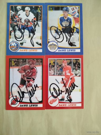 Хоккейные карточки. Дейв Льюис. 4 карты с автографами. Номер 3/5
