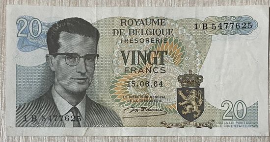 Банкнота Бельгия 20 франков 1964 год - Король Бодуэн I. Здание Атомиум в Брюсселе.