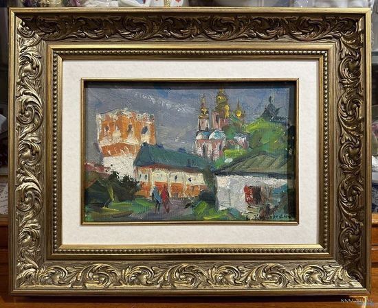 Красовский Е.Е "Пейзаж с церковью", 1969г. Картон, масло. Размер без рамы 19х29 см.
