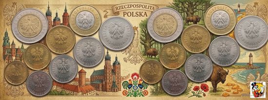 Польша набор монет 1, 2, 5, 10, 20, 50 грошей; 1, 2, 5 злотых, UNC. Новый тип грошей. Сторгуй за свою цену, предложи обмен!