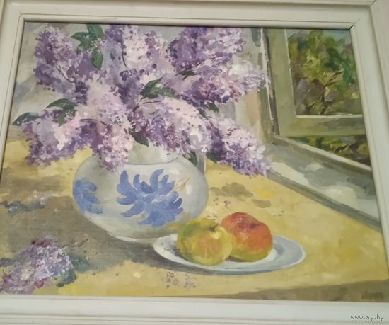 Картина СССР Коктев Сирень 45 на 50см масло дсп в рамке автограф пейзаж