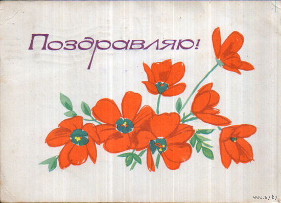 Подписанная открытка 1963г. "Поздравляю! Красные цветы" худ. Е. Аносов