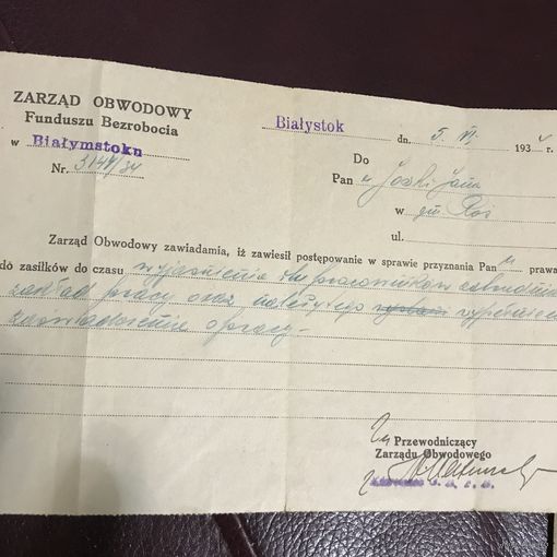 Zaswiadczenie dla pozostaajcych bez pracy.1930r.