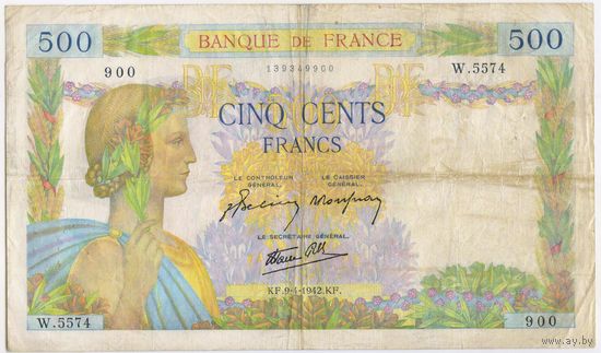 500 франков 9.4.1942 год. Франция, III Рейх, оккупация,  большая купюра 190*110 мм