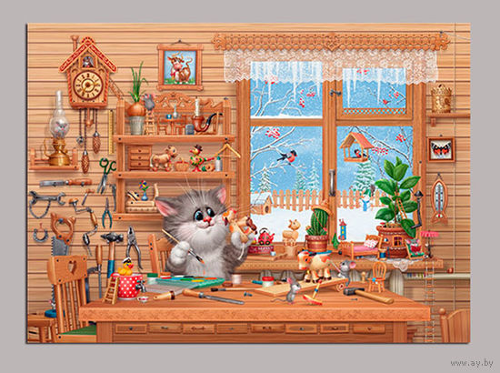 Открытка. Фауна. Животные. Кот. Котик. Рукоделия. Резьба по дереву. Игрушки. Зима. Интерьер. Худож. А.Долотов (чистая)
