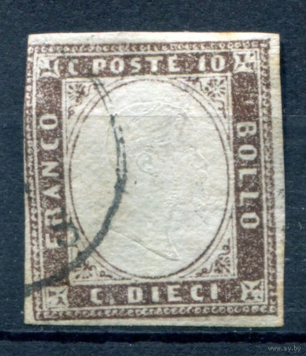 Королевство Сардиния-Пьемонт, Италия - 1855/63г. - король Виктор Эммануил II, 10 с - 1 марка - гашёная [Mi 11 с]. #1-It-16-A-2
