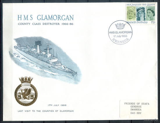 Великобритания - 1986г. - корабль, 60 летний юбилей королевы Елизаветы II - 1 конверт со спец гашением - . #3-GB-93-CP-7