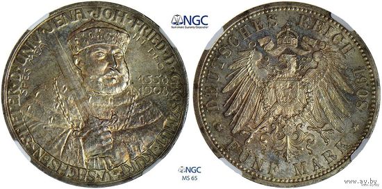 5 марок 1908 г. А. Саксен-Веймар-Эйзенах. Германия. NGC MS 65!!! 350 лет Йенскому университету. Серебро. КМ# 220
