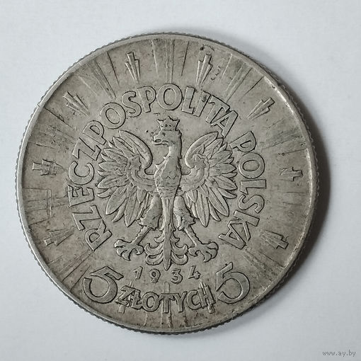 5 злотых, 1934 год. Пилсудский. VF.