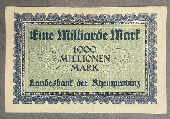 Банкнота 1000 миллионов марок 1923 год Рейнпровинц. Веймарская республика.